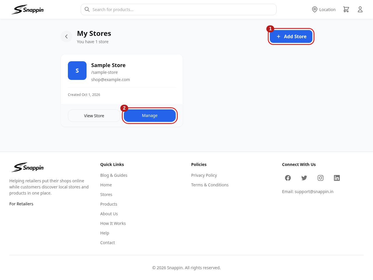 1 — Add Store starts setup. 2 — Manage opens the seller dashboard for an existing store.