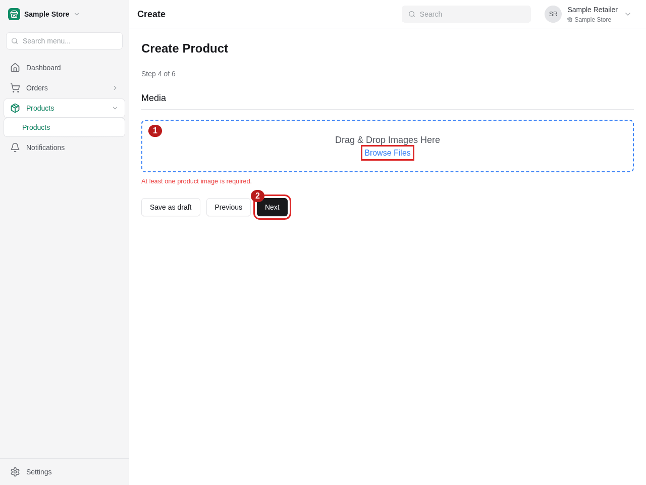 1 — Choose product images in the upload area. 2 — Next moves to Inventory.