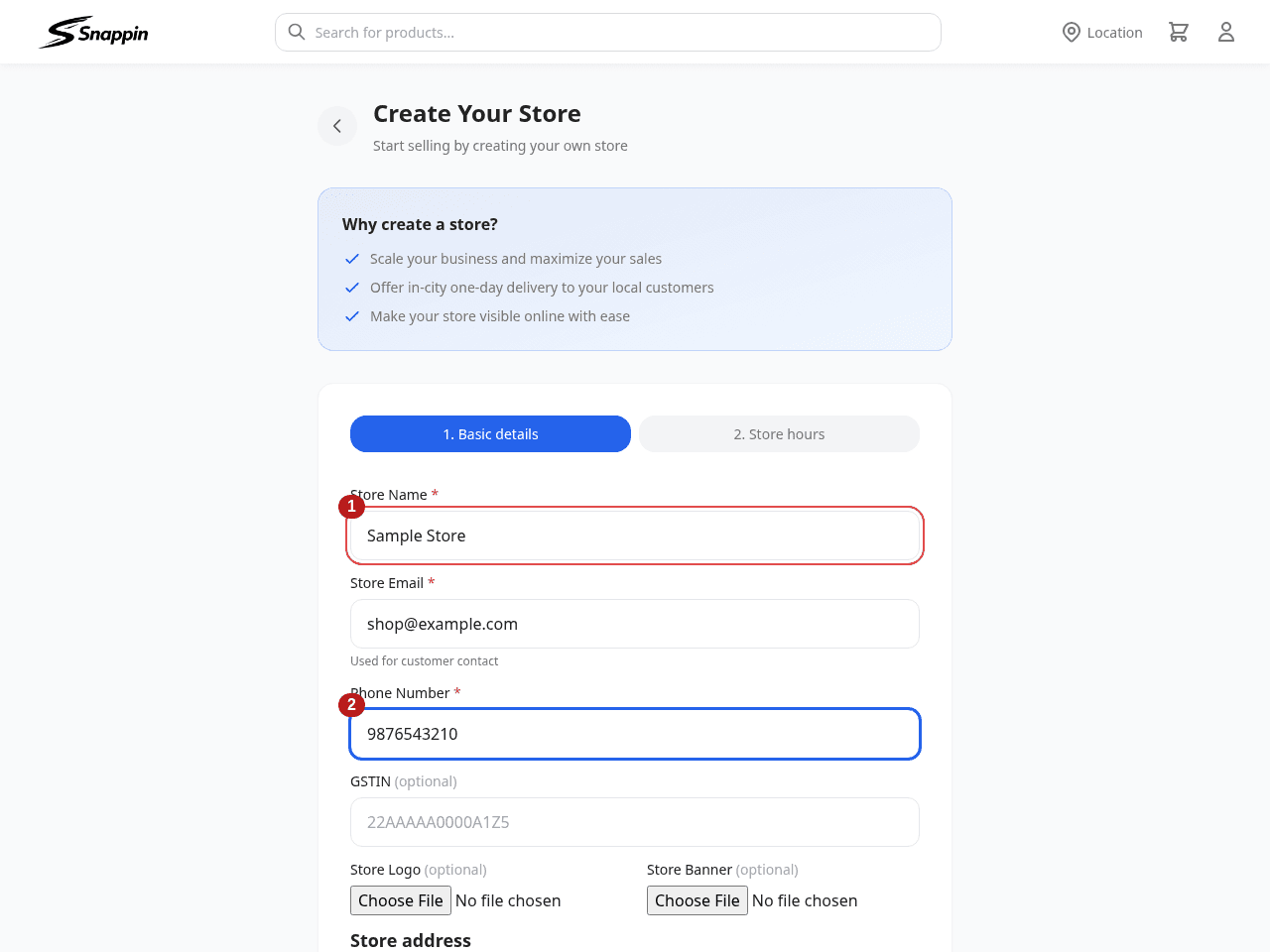 1 — Give the shop a recognizable name. 2 — Enter its customer contact phone number.
